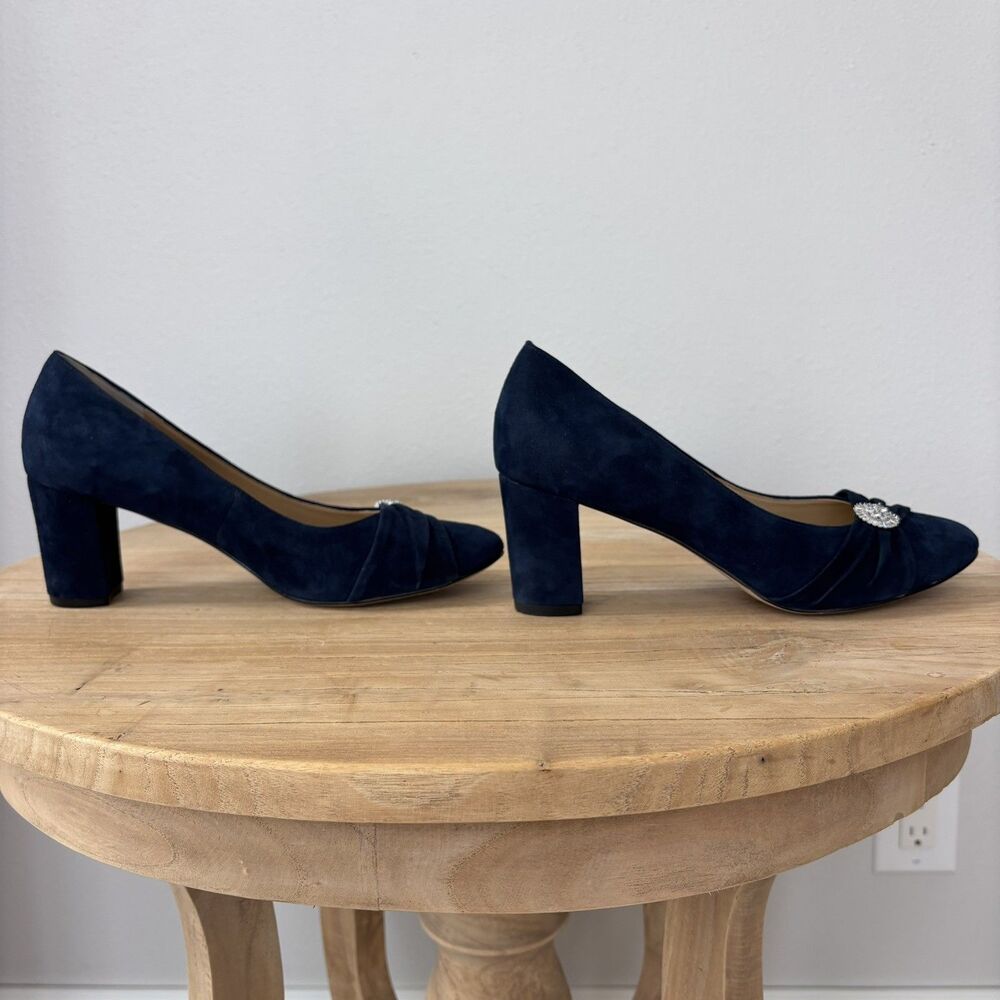Talbots Navy Suede Leather Pumps Block Heel Size 8.5M Rhinestone Glam Event Chic - Picture 6 of 12
